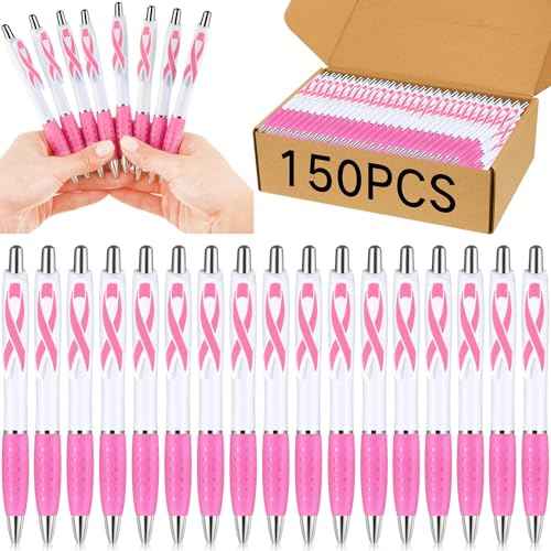 Ctosree 150 Pcs Breast Cancer Awareness Pens Bulk Retractable Pink Ribbon Black Ink Ballpoint Pens Gift Breast Cancer Awareness Party Favors for Office Women Nurse Coworkers Employees Bus Driver