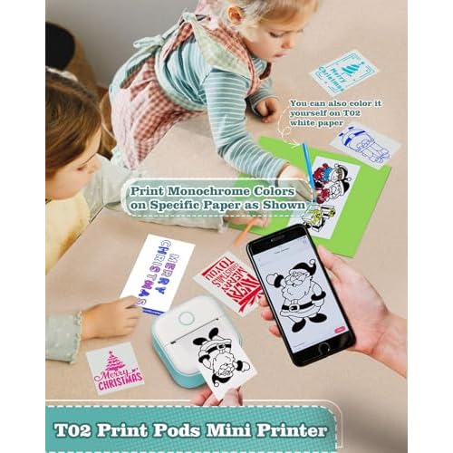 Memoking Sticker Printer - T02 Mini Printer Print Pods Portable Thermal Inkless Sticker Maker Machine Bluetooth Pocket Impresora Port?til Instant Print for Notes, Anatomical Diagrams, Journal,DIY,Gift