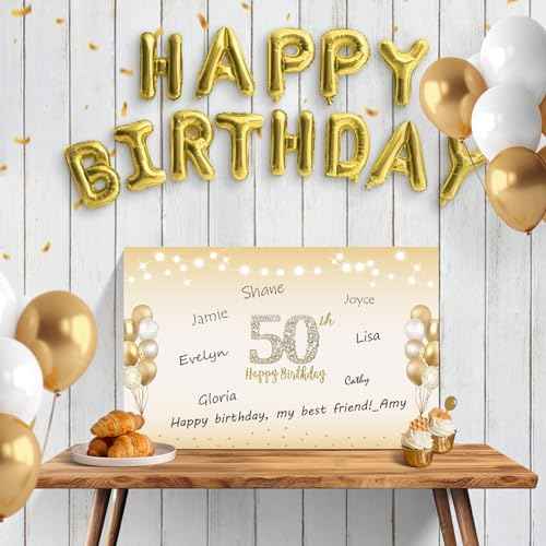 Large 50th Birthday Card With Envelope, Black Gold Happy 50th Birthday Giant Guest Book Gifts for Men Women, Giant Fifty Bday Card Gifts Party Supplies, The Year 1975 Jumbo 50 Bday Card