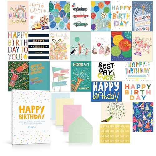 24 Pack Assorted Birthday Cards with Gold Foil, Messages, Envelopes, and Stickers | 4x6 Inch Happy Birthday Cards Bulk for Family, Kids, Friends, Work, and Office Celebrations.