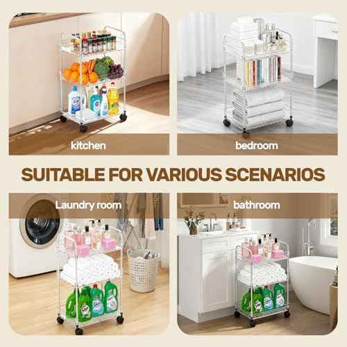 Betoveren 3 Tier Utility Rolling Cart with Wheels Multifunctional Storage Cart Clear Movable Storage Organizer with Handle and Hooks for Home Kitchen Office Bathroom Organization Transparent