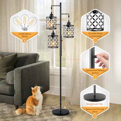 68" Dimmable Floor Lamp, Farmhouse Standing Lamp with Elegant Metal Cage, Industrial Tall Tree Floor Lamps for Living Room, Bedroom, Study Room, Office (2000LM LED Bulbs Included) - Black