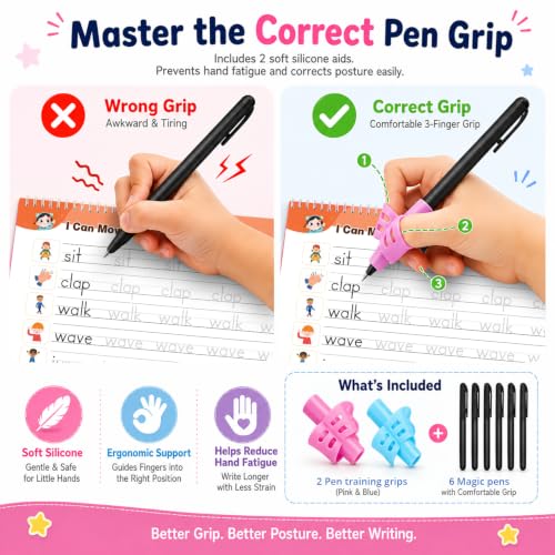 Kids Learning Practice Book Set with Reusable Magic Ink & Grooved Guides