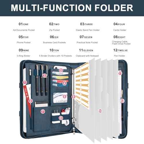 Leathario Portfolio Binder, Includes 5 Folder Index Dividers, 13 Inch Tablets Organizer with Handle, Vegan Leather A4 Padfolio, Multi-Pocket Notepad Business Planner Professional Document