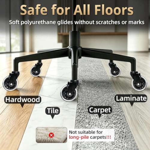 LSWhee 3-Inch Office Chair Wheels, 880lbs Silent Castors, Transparent Black (5-pack) – Universal 7/16" Fit