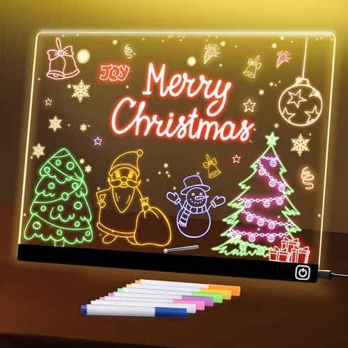 LED Note Board with Colors, 13.7"X10" Light Up Acrylic Dry Erase Board Led Drawing Board for Kids 7 Colors Message Board Night Light with 7 Markers for Birthday Party Christmas Gift