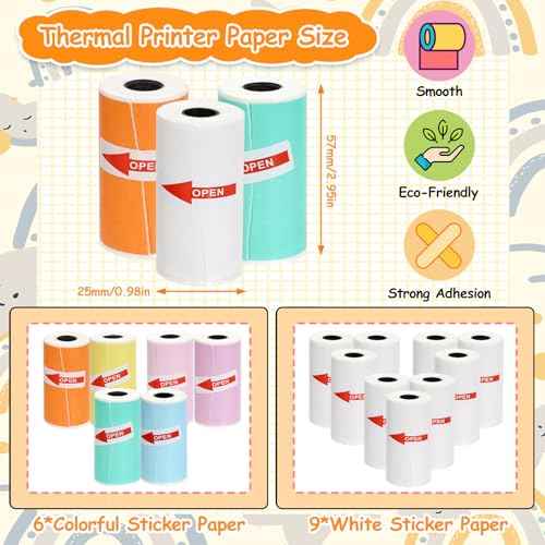 15 Rolls Mini Printer Sticker Thermal Paper,Self-Adhesive Multicolor Paper 53 * 28mm Printer Paper Compatible with T02/M02 Mini Thermal Printer Study Notes, Journal Photos