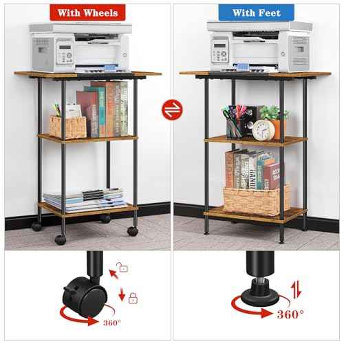 Large Printer Stand with Storage Rolling Printer Cart with Wheels 3 Tier Printer Table with Storage Shelf for Home Office Filing Scanner Fax Machine Heat Press Microwave