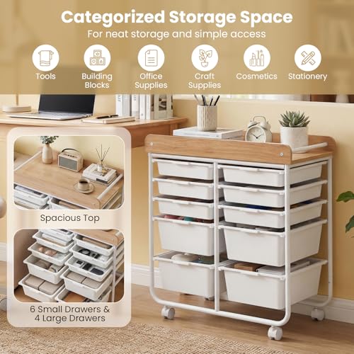 LDAILY White 10-Drawer Rolling Cart with Wooden Top – Lockable Wheels, Dual-Size Drawers
