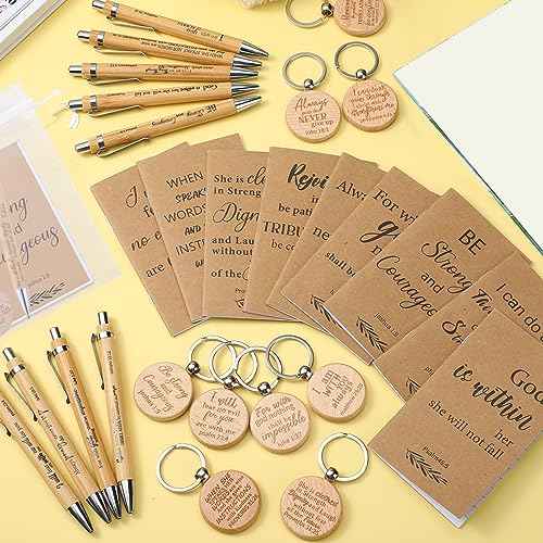 200 Pcs Christian Gifts Bulk 50 Bible Verse Notebook 50 Religious Retractable Bamboo Pens 50 Religious Inspirational Keychains Prayer Journal Church Gifts for Men Women Sunday Teacher