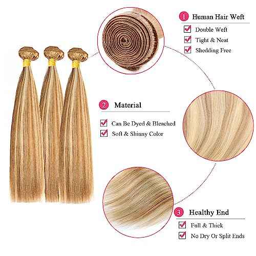 20 22 24 Inch P27/613 Highlight Blonde Bundles Human Hair Straight Bundles Honey Blonde Straight Bundle Unprocessed Brazilian Virgin Weave Hair 3 Bundle 50 Gram Per Bundle