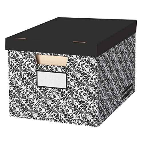 Bankers Box 10 Pack STOR/FILE Decorative Medium-Duty File Storage Boxes, FastFold, Lift-Off Lid, Letter/Legal, Black/White Brocade
