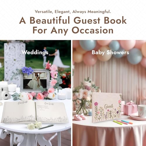Upstart Decor Natural Linen Embroidered Photo Wedding Guest Book – Pink Floral Cover, 160 Pages