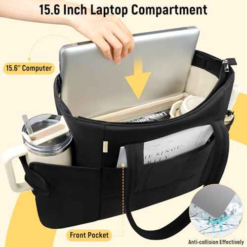 Puffer Tote Bag with Large Cup Holder& 15.6 Inch Laptop Compartment, Lightweight Puffy Work Bag with Water Bottle Pocket, Large Laptop Tote with Clutch Purse for Women Teacher Nurse (Black)