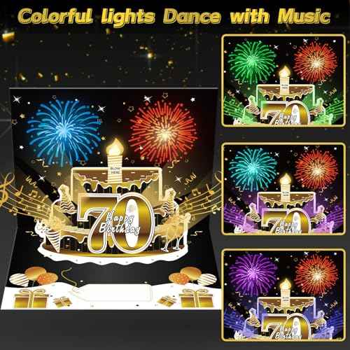 70th Birthday Cards Pop Up 3D Cake - Firework & Music & Blow Out Candle Light Funny Happy 70 Black Gold Birthday Card Gifts for Men, Women, Friends, Boyfriend, Dad, Mom, Husband, Wife