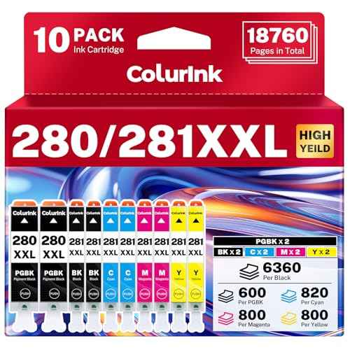 280 281 Ink Cartridges Replacement for Canon TR8620a Ink Combo, PGI-280XXL CLI-281XXL PGI 280XXL 281XXL 280 XXL Smart Ink for Color Printers Pixma TR8600 TR8520 TR8620 TR8622a TS9120 TS9521c, 10 Packs