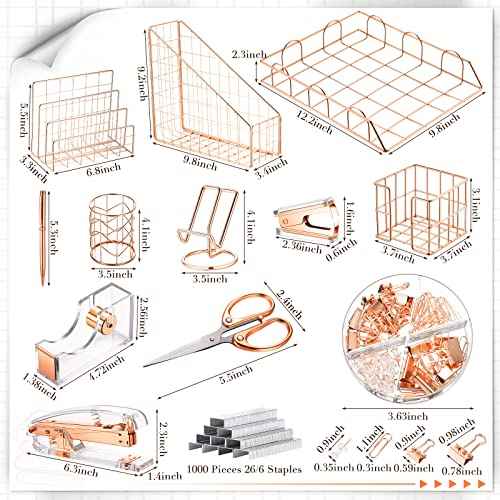Yaomiao 13 Pcs Desk Accessories Kit Organizer Office Supplies Christmas Women School Gift Acrylic Stapler Staple Remover Tape Holder Pen Cup Magazine File Letter Clip Phone Holder Scissor(Rose Gold)