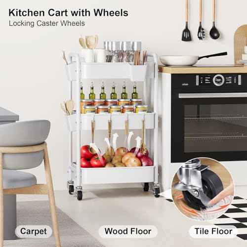 3 Tier Rolling Cart Metal with Wheels, White Three Tiered Craft Cart Organizer on Wheels, Storage Utility Carts for Art, Baby Nursery,Diaper Caddy, Cleaning Supplies, Nail,Lash,Snack,Book,Roller Shelf