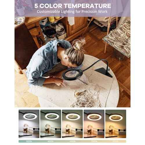 5 Inch Large Magnifying Glass with Light and Stand, 10X Hands-Free Desk Lamp & Clamp, 5 Color Modes Stepless Dimmable Flexible Gooseneck, LED Lighted Magnifier for Repair Crafts Close Work Painting