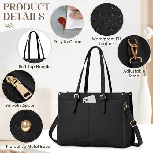 Lunch Tote Bag for Women 15.6 Inch Laptop Bag with Insulated Lunch Compartment Leather Quilted Computer Tote for Teacher Work