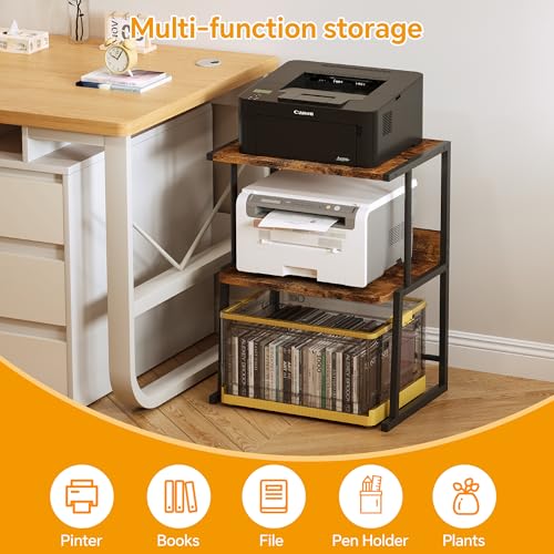 Homeiju Printer Stand for Desk with Storage, 3-Tier Shelves Organizer with Wood Top, Heavy Duty Metal Frame for Home Office, Holds Printer, Books, Supplies, Rustic Brown?