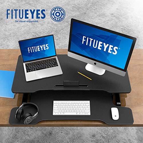 FITUEYES Height Adjustable Standing Desk 36¡± Wide Sit to Stand Converter Stand Up Desk Tabletop Workstation for Laptops Dual Monitor Riser Black SD309101WB