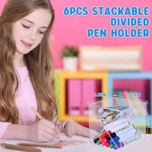 Kosiz 6 Pcs Back to School Stackable Pen Organizer 5.12 Inch Marker Pen Clear Holder Stackable Cube Organizer Removable Divider Acrylic Holder for Office Desk Desktop Storage
