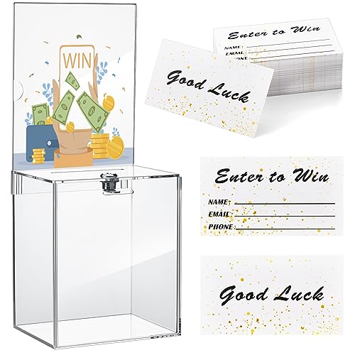 Teling Clear Acrylic Donation Box 7x5x8 Inches with Lock & Sign Plate - Tall Raffle Box with Cards
