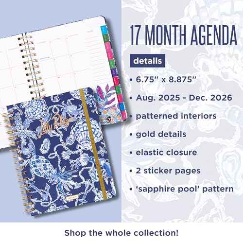 Lilly Pulitzer Large Monthly Planner August 2025 - December 2026, Monthly Agenda & Calendar, Stickers, Pockets, & Spiral Binding (Sapphire Pool Barefoot Beachcomber)