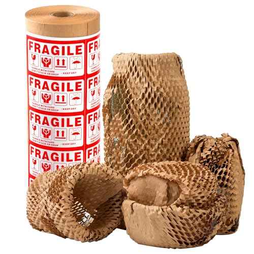 Honeycomb Packing Paper 12" Width X 200 FT for Moving Glass Dishes Recyclable Wrapping Paper Bubble Wrap Packing Material for Shipping Fragile Items Shipping Filler with 20 Fragile Stickers