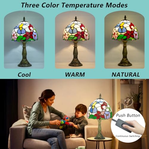 Small Tiffany Lamp 8 Inch Stained Glass, 3 Color Temperature Adjustable, Handcrafted Antique Bedside Lamp for Bedroom Living Room with E26 LED Bulb (Hummingbird)