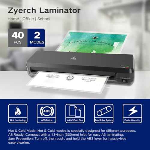 Laminator 13 Inch A3 Laminator Machine, 7 in 1 Desktop Thermal Laminator Never Jam with 40 Laminating Pouches, Paper Trimmer and Corner Rounder, Fast Warm-Up Home Office School Use, Black