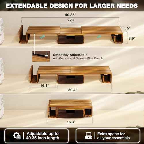 Wooden Dual Monitor Stand Riser with Drawer, 40.4'' Ergonomic Monitor Stand for Desk with Adjustable Length and Swivel Angle, Wooden Desktop Organizer for Laptop, PC, Computer,Printer (Acacia)