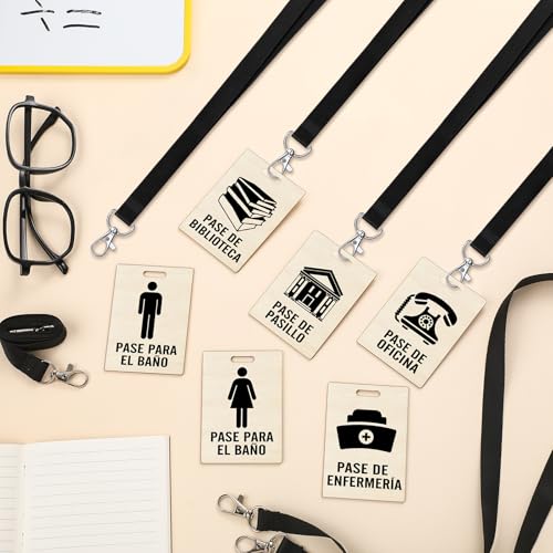 Humyoun Classic 6-Piece Spanish Hall Pass Set with Wooden Passes & Lanyards