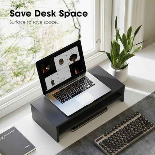 FITUEYES Monitor Stand - 2 Tier Computer Monitor Riser with 21.3 Inch Shelf, Wood Desktop Stand for Laptop Computer Screen, Desk Organization, Office Supplies