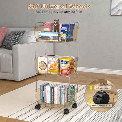 FOLLOWIN 3-Tier Rolling Utility Cart,Plastic Storage Cart with Wheels,Movable Storage Cart Organizer for Living Room,Kitchen,Bathroom,Pantry,Nursery,Amber