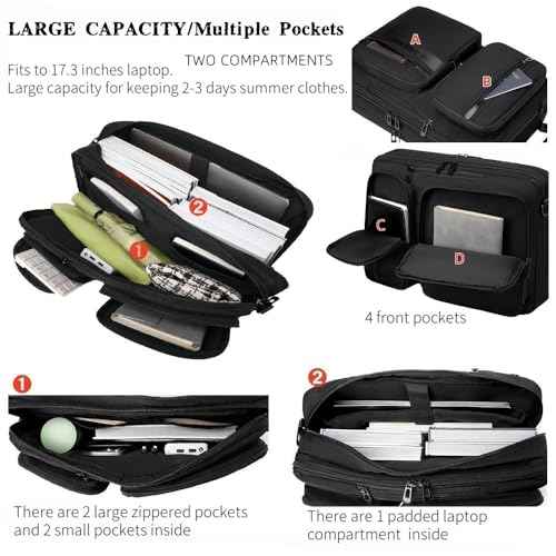 3 in 1 Laptop Bag for Men 17.3 Inch Laptop Backpack Computer Bag for Business/Work/Travel Convertible Backpack Messenger Shoulder Bag for Men Women Black