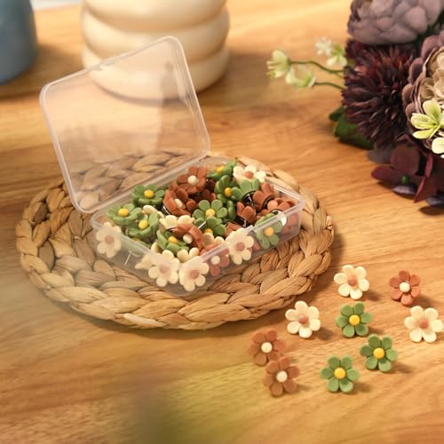 Sawysine Flower Push Pins 60Pcs with Storage Box - Coffee Beige Green