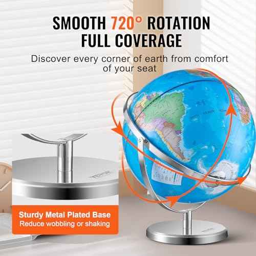 VEVOR Rotating World Globe with Stand, 13 in/330.2 mm, Educational Geographic Globe with Precise Time Zone ABS Material, 720¡Æ Spinning Globe for Kids Children Learning Classroom Geography Education