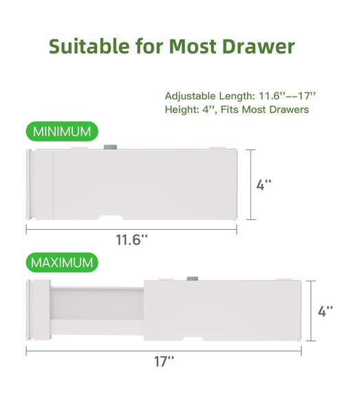 Irosiy Adjustable Non-Slip Drawer Organizer – Versatile Storage Tray for Kitchen, Wardrobe & Office, 11.6" to 17" Length, Durable ABS & Silicone Base, Easy Assembly