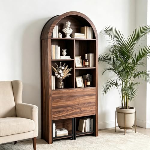 JIJIWANG 70.8-Inch Walnut Arched Folding Desk with Bookcase Storage for Small Spaces