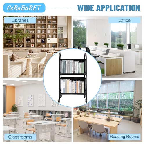 CeRaBuRET Black Rolling Book Cart | 2-Tier Moveable Library Cart with 2 Lockable Wheels, 34in Tall