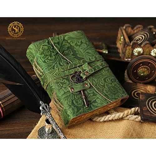 SH SHIFAA HANDICRAFT Leather Journal - Antique Handmade Deckle Edge Vintage Paper Leather Bound Journal - Book of Shadows Journal - Leather Sketchbook - Drawing Journal - Great Gift (Green) (13x10)