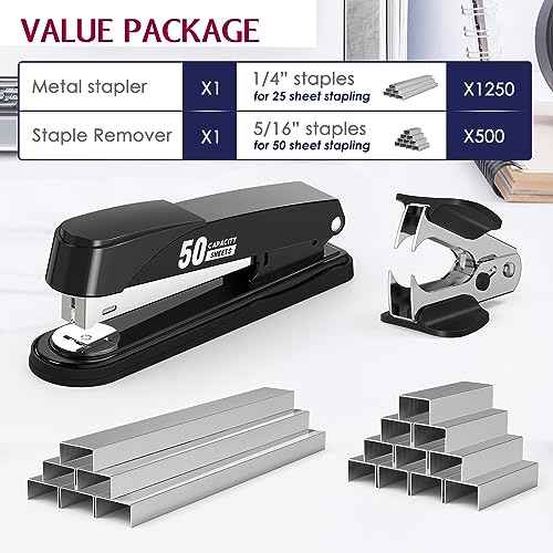 Metal Stapler Heavy Duty 50 Sheet Capacity with 1750 Staples and Staple Remover, Full Strip Staplers for Desk, No Jam, Non-Slip for Office & Classroom, Black