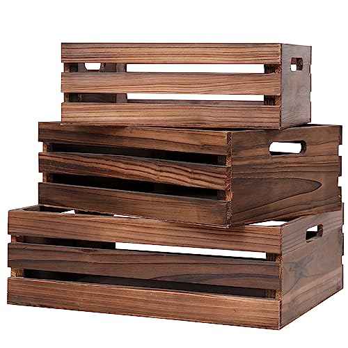 Large Size Wood Crates For Storage,Decorative Vintage Brown Wooden Crates For Display,Handmade Solid Wood Boxes,Set Of 3 Rustic Black Wooden Crate. (vintage brown)