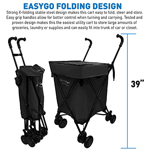 EasyGo Grocery Shopping Cart Laundry Basket Rolling Utility Cart with Wheels ? Removable Canvas Bag, Versa Wheels & Rear Brakes - Easy Folding 120lb Capacity ? Copyrighted, Black