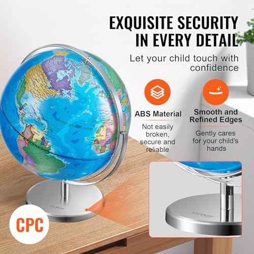 VEVOR Rotating World Globe with Stand, 13 in/330.2 mm, Educational Geographic Globe with Precise Time Zone ABS Material, 720¡Æ Spinning Globe for Kids Children Learning Classroom Geography Education