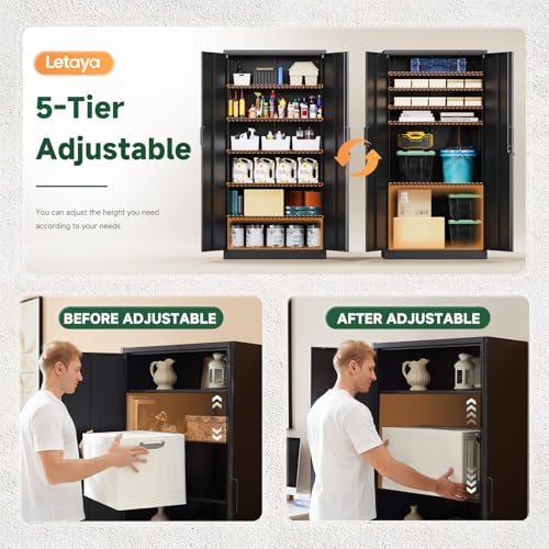 Letaya Metal Garage Storage Cabinets with Lock, 72 Inch Tall Steel Locker, 5 Adjustable Shelves, Black (72" x 36" x 18")