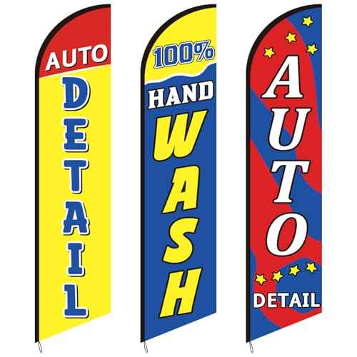 3 Pack Car Wash Sign Feather Flag 12 x 2.5 ft Auto Detail Hand Wash Windless Flags Large Advertising Feather Flag for Business Advertising