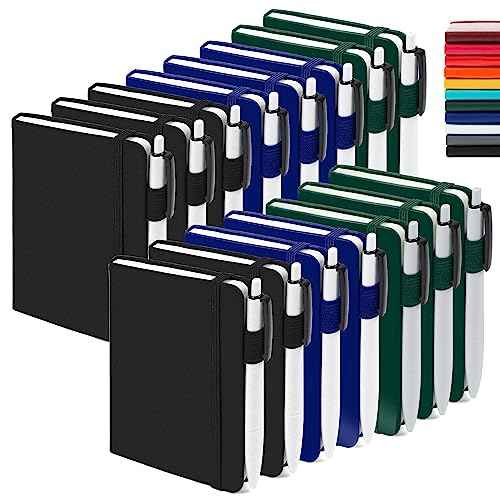 feela 15 Pack Pocket Small Notebooks Bulk, Mini Cute Notepads Hardcover College Ruled Lined Journals with Pen Holder for School Business, with 15 Black Pens, 3.5¡±x 5.5¡±, A6, Black Navy Dark Green